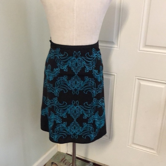 Etcetera Black Teal Embroidered A-Line Midi Skirt Size 2 - Picture 4 of 7